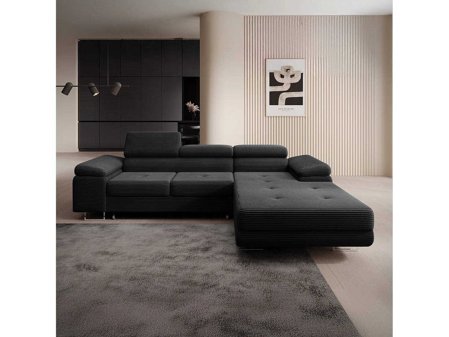 Canapé d'angle droit convertible Alphonso velours côtelé Noir