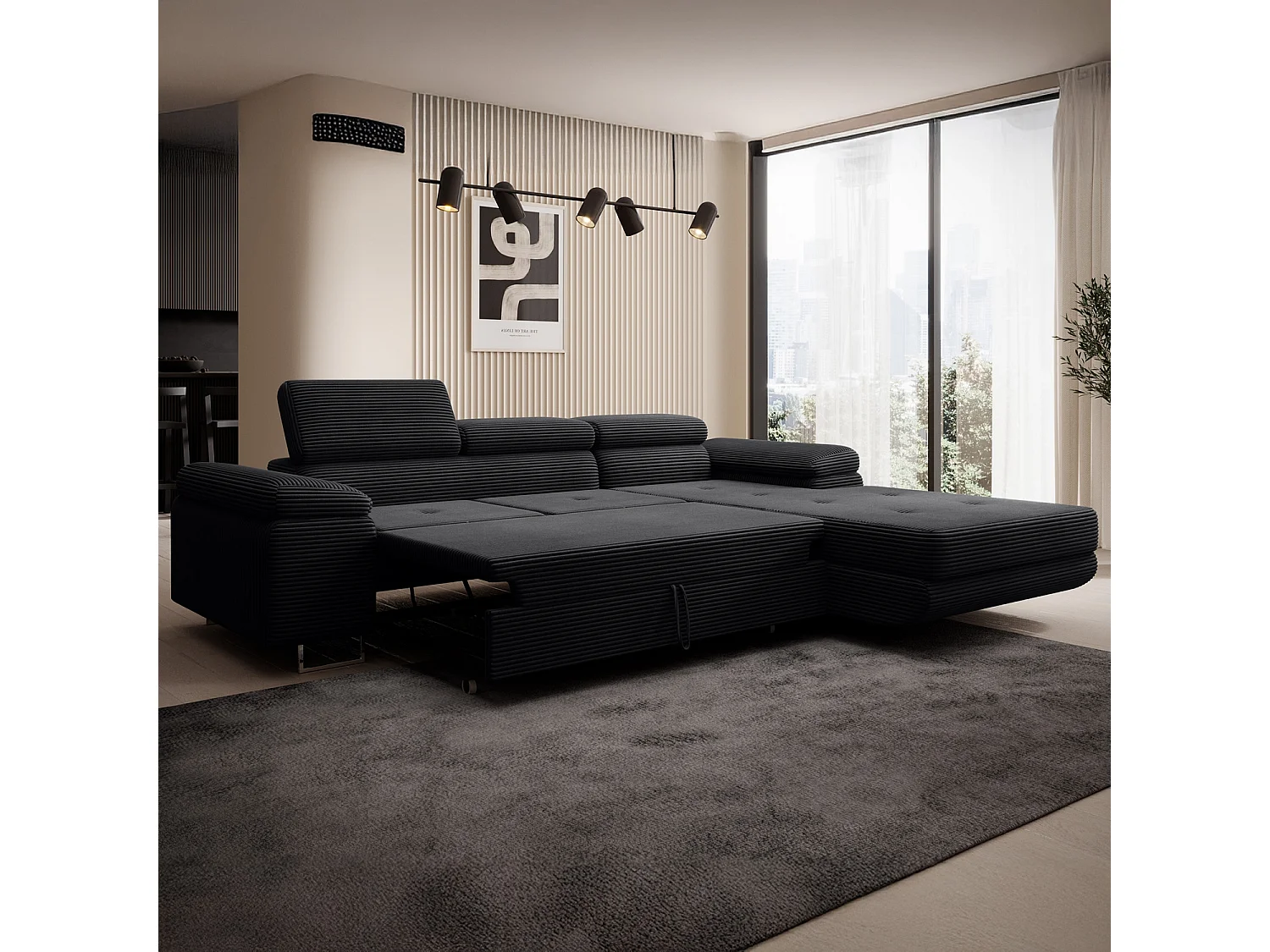 Canapé d'angle droit convertible Alphonso velours côtelé Noir