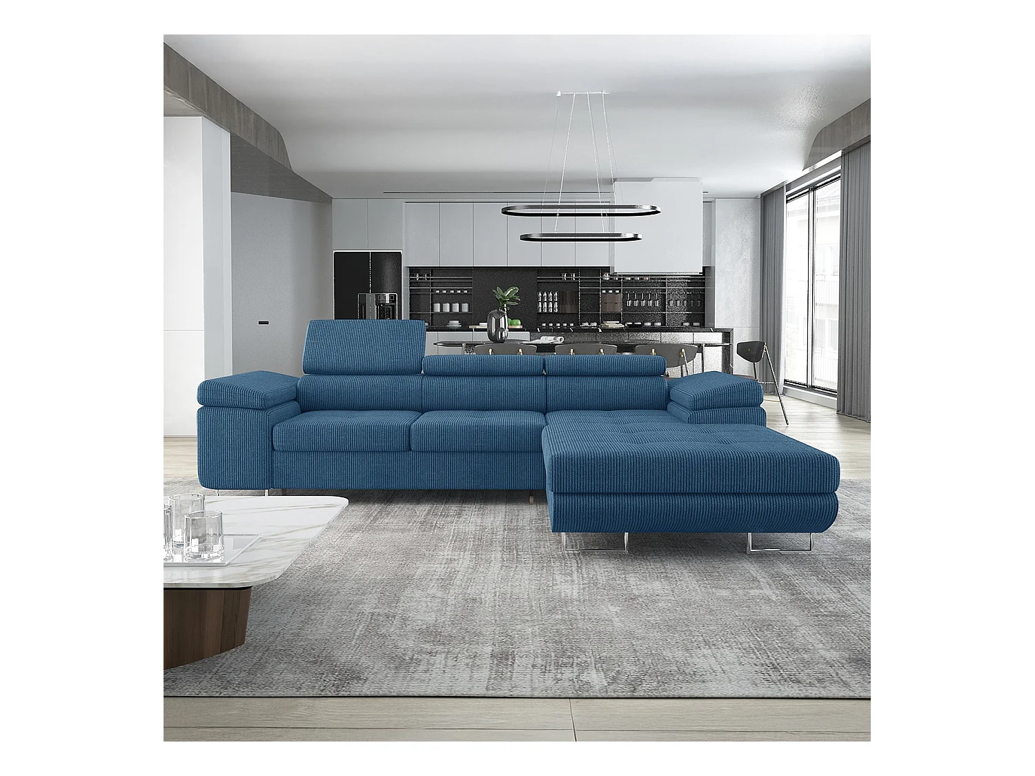 Canapé d'angle droit convertible Alphonso velours côtelé Bleu