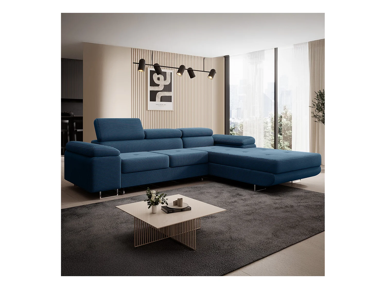 Canapé d'angle droit convertible Alphonso velours côtelé Bleu