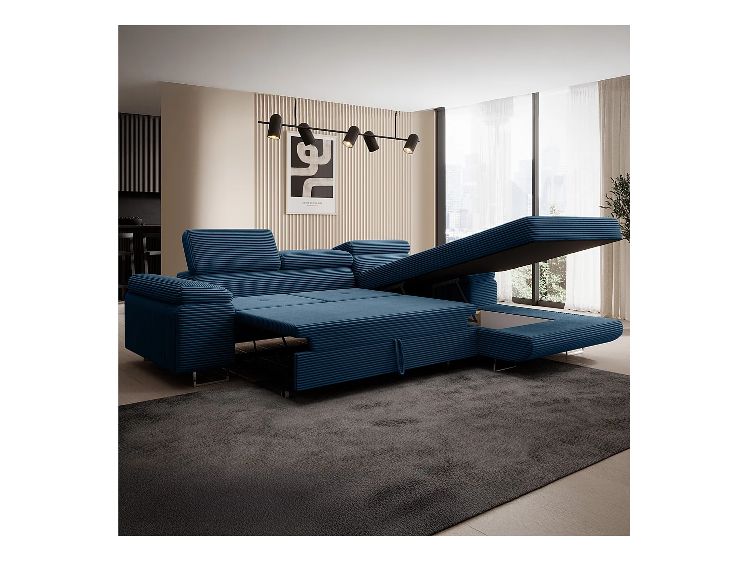 Canapé d'angle droit convertible Alphonso velours côtelé Bleu