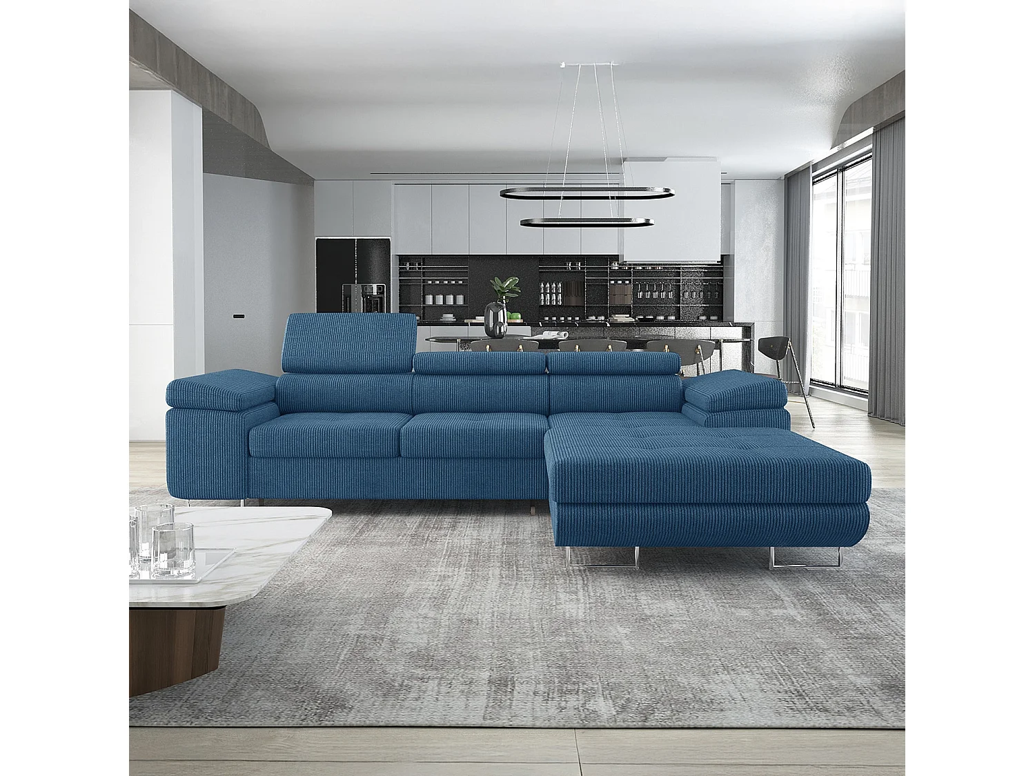 Canapé d'angle droit convertible Alphonso velours côtelé Bleu