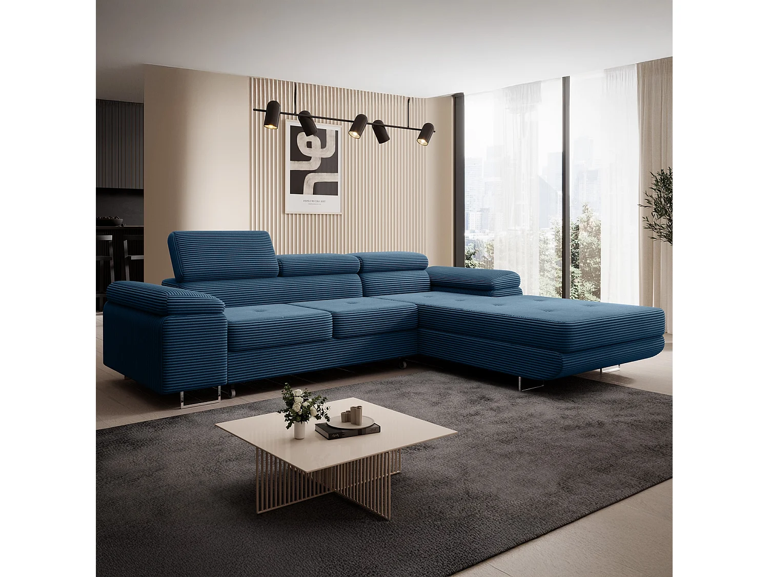 Canapé d'angle droit convertible Alphonso velours côtelé Bleu