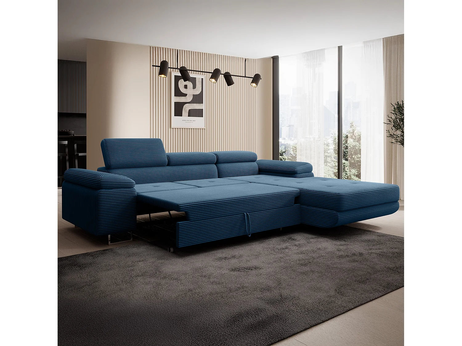 Canapé d'angle droit convertible Alphonso velours côtelé Bleu