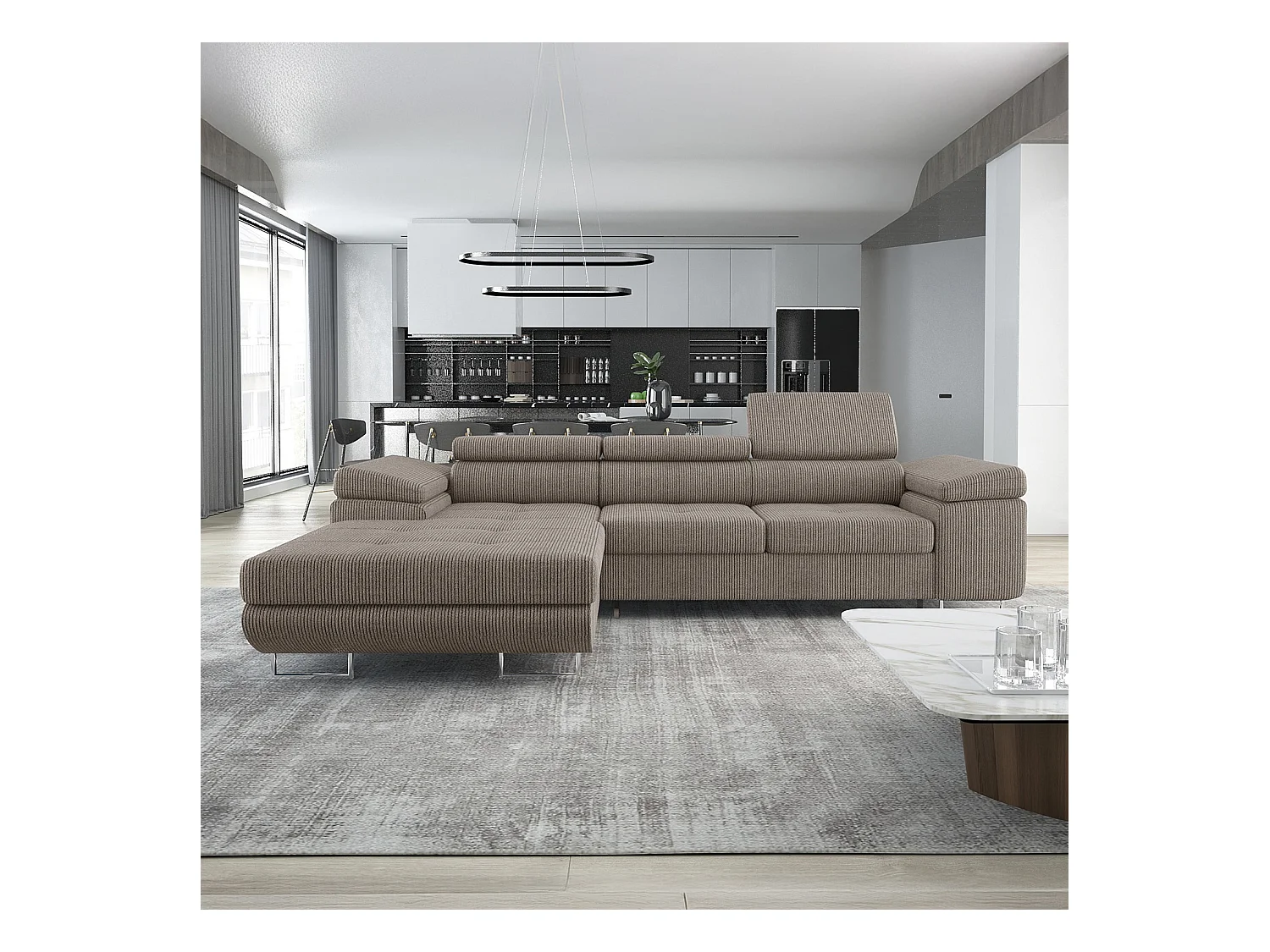 Canapé d'angle gauche convertible Alphonso velours côtelé Taupe