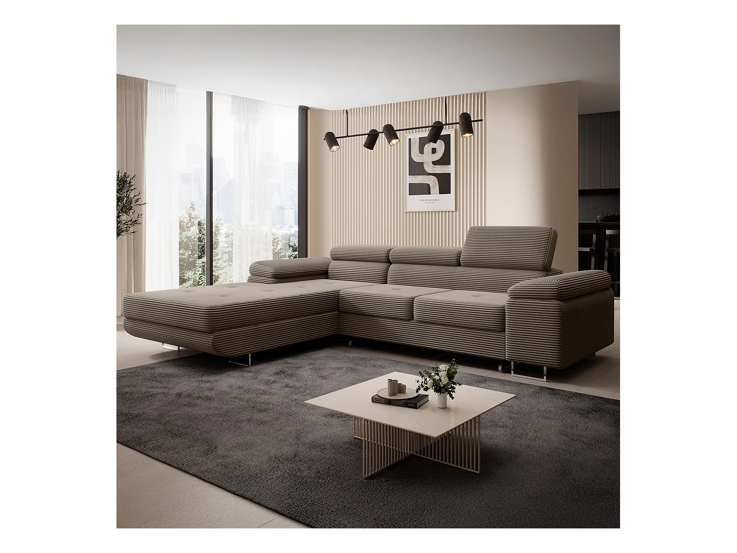 Canapé d'angle gauche convertible Alphonso velours côtelé Taupe