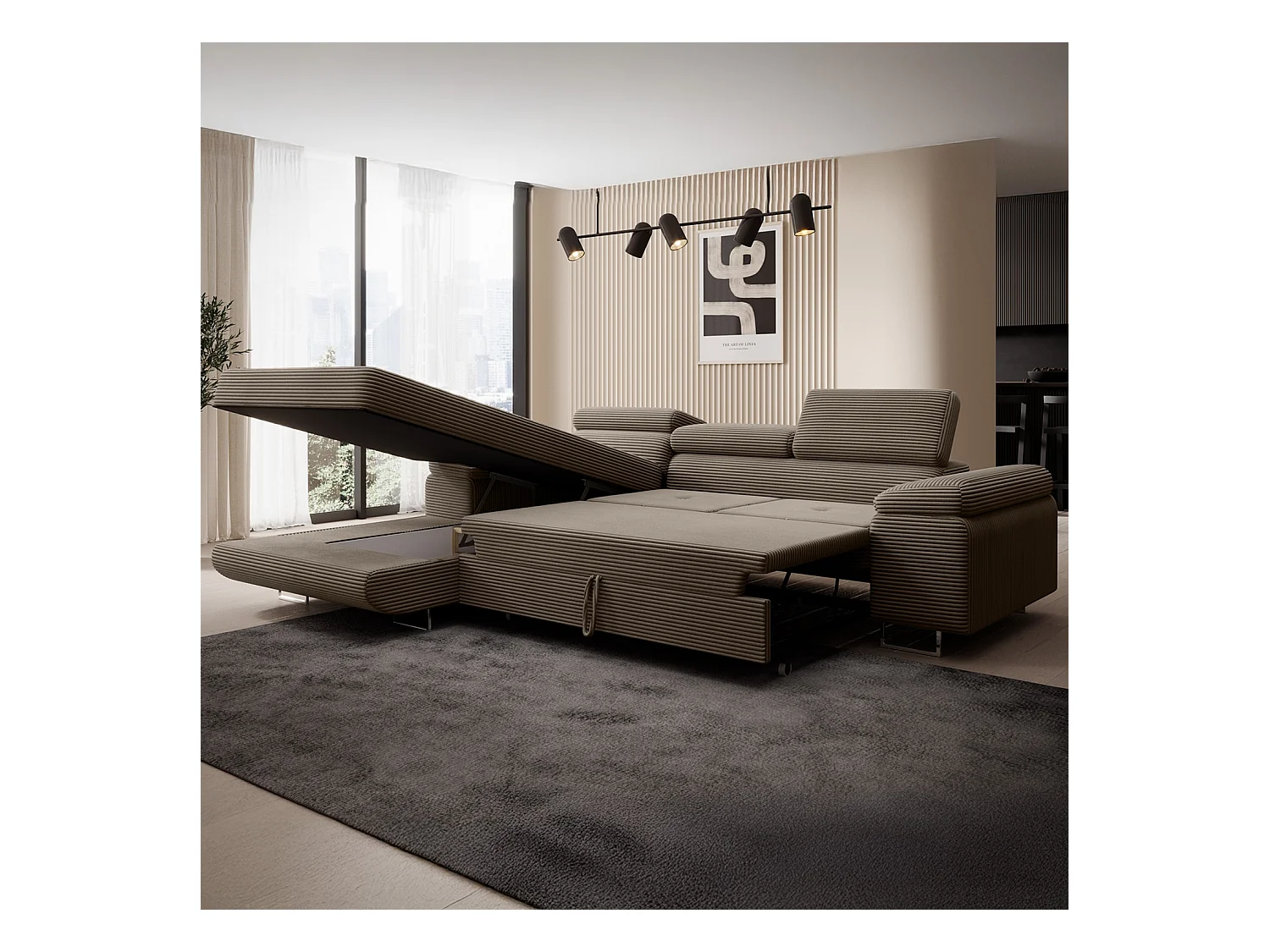 Canapé d'angle gauche convertible Alphonso velours côtelé Taupe