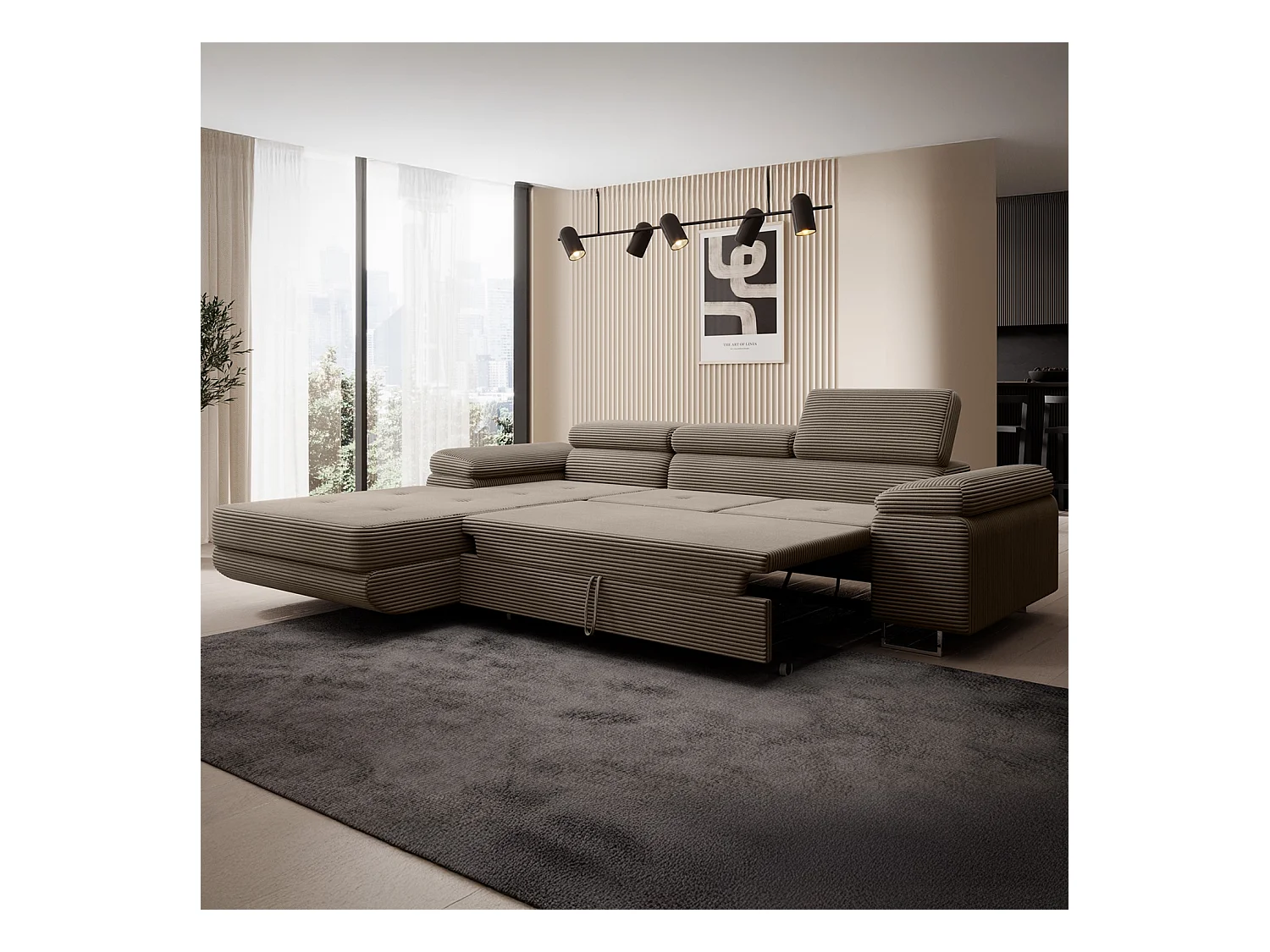 Canapé d'angle gauche convertible Alphonso velours côtelé Taupe