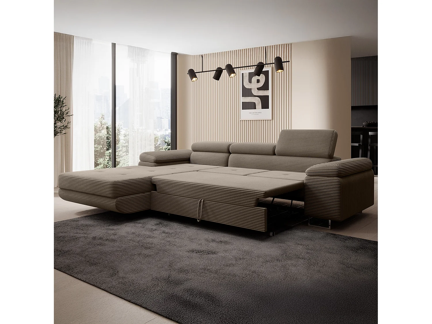 Canapé d'angle gauche convertible Alphonso velours côtelé Taupe