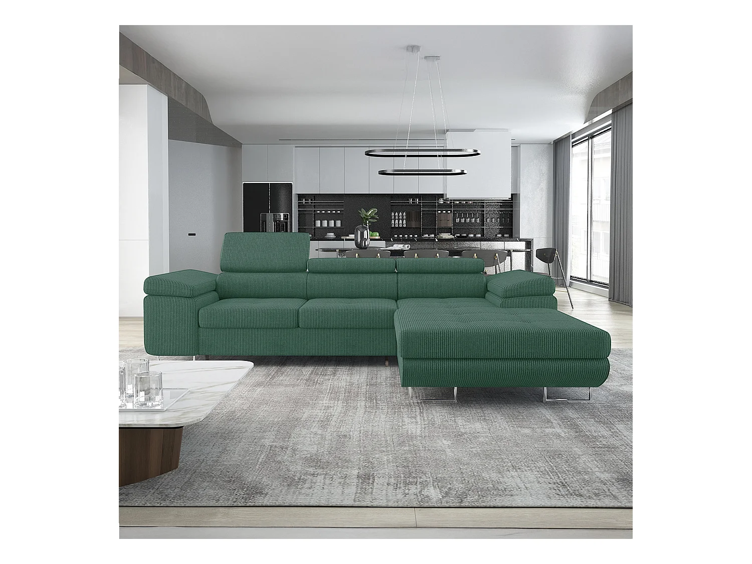 Canapé d'angle droit convertible Alphonso velours côtelé Vert