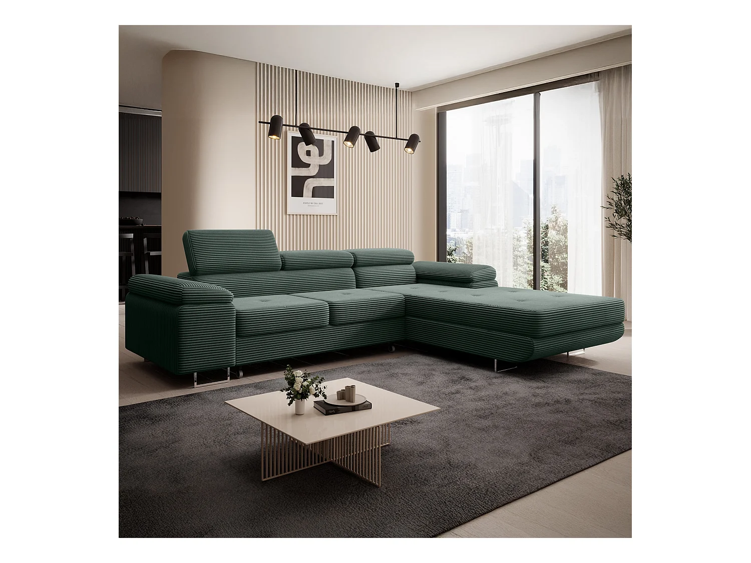 Canapé d'angle droit convertible Alphonso velours côtelé Vert