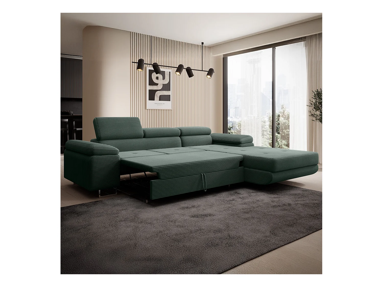 Canapé d'angle droit convertible Alphonso velours côtelé Vert