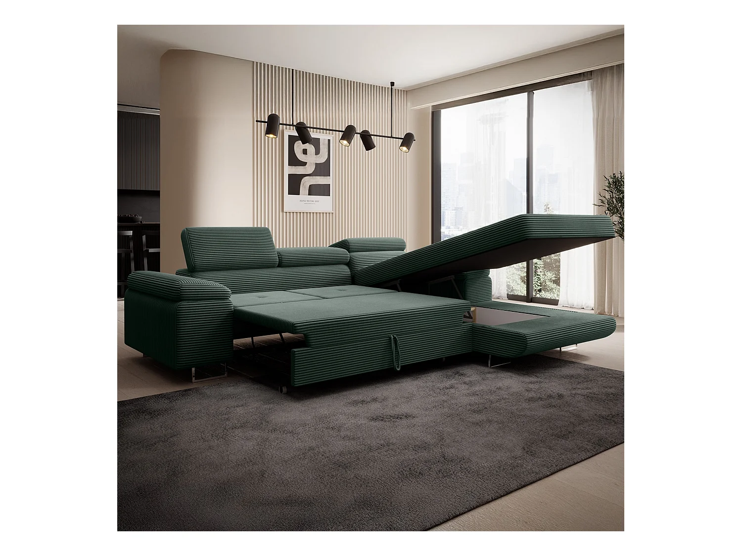 Canapé d'angle droit convertible Alphonso velours côtelé Vert