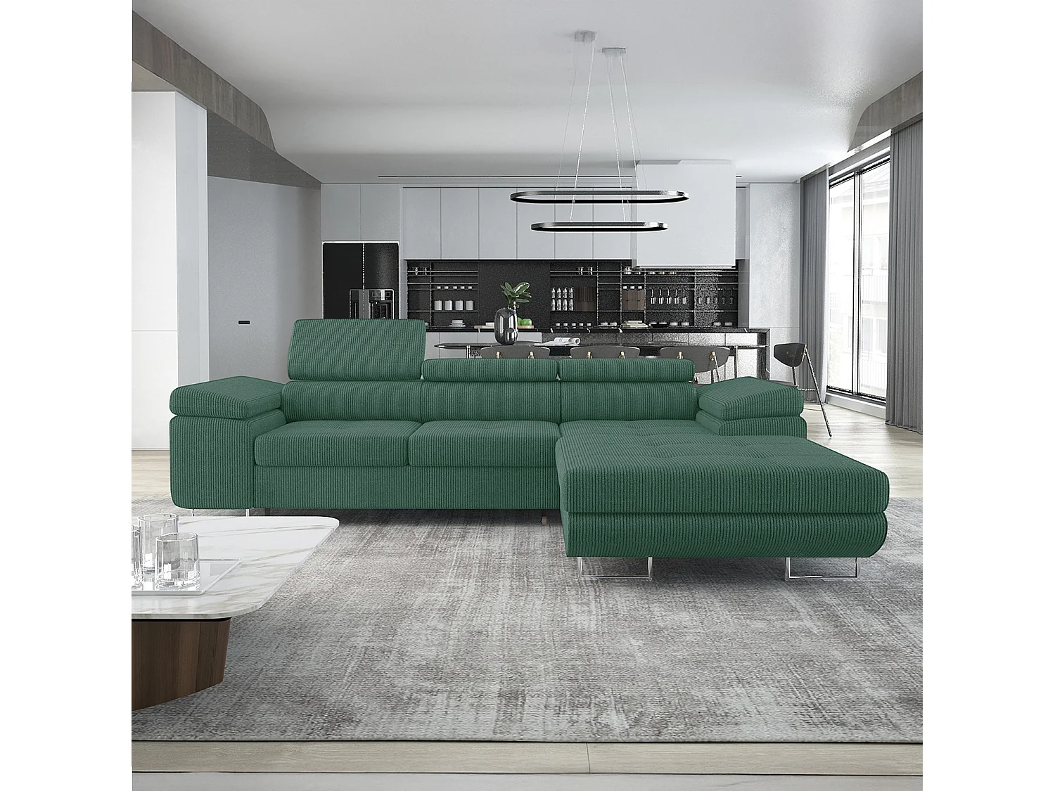Canapé d'angle droit convertible Alphonso velours côtelé Vert