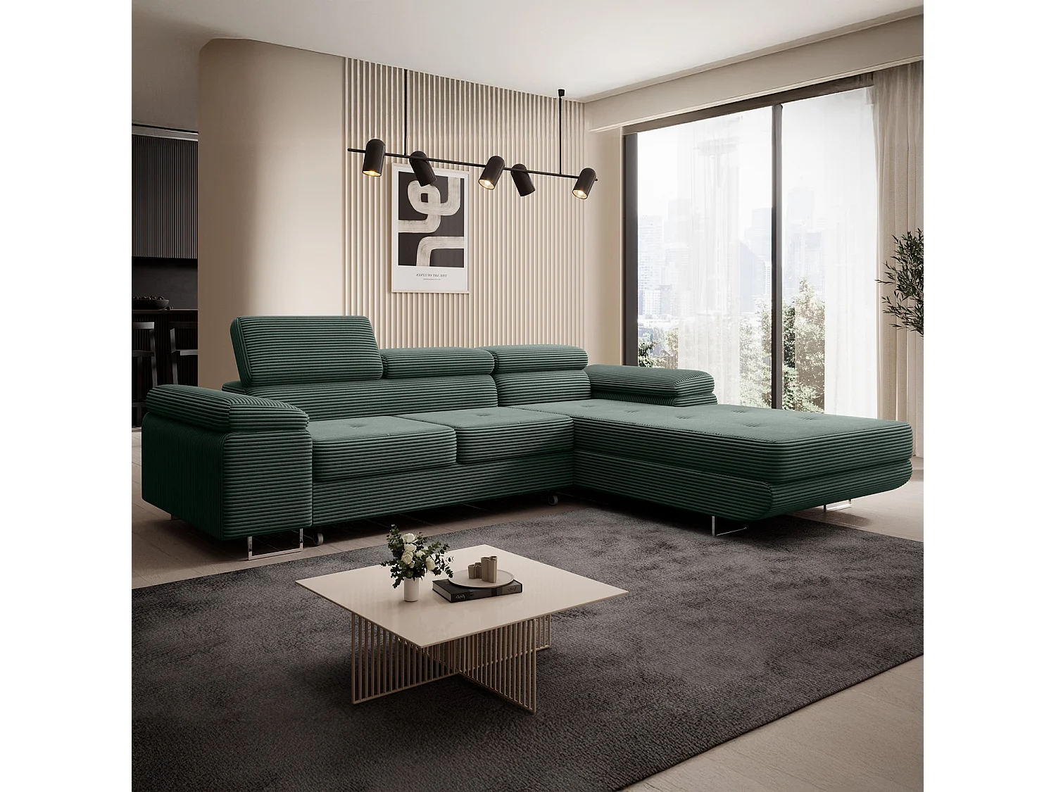 Canapé d'angle droit convertible Alphonso velours côtelé Vert