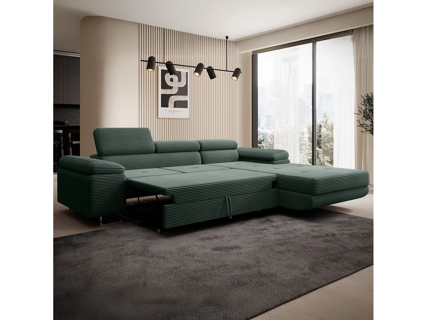 Canapé d'angle droit convertible Alphonso velours côtelé Vert