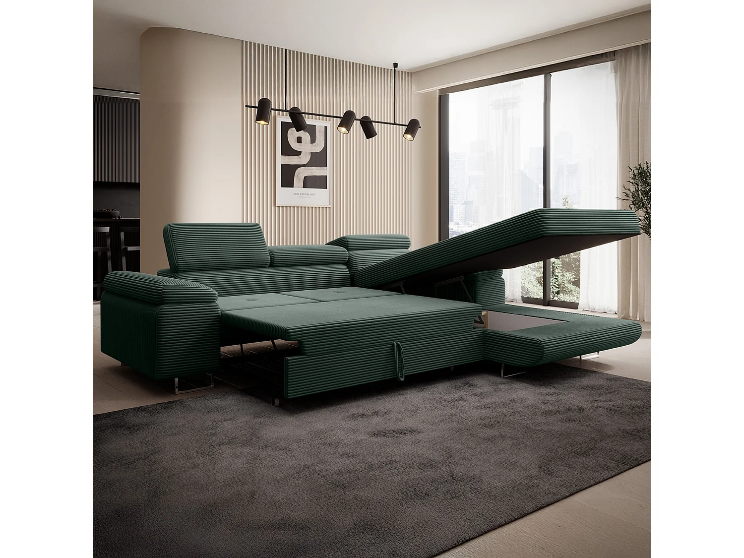 Canapé d'angle droit convertible Alphonso velours côtelé Vert