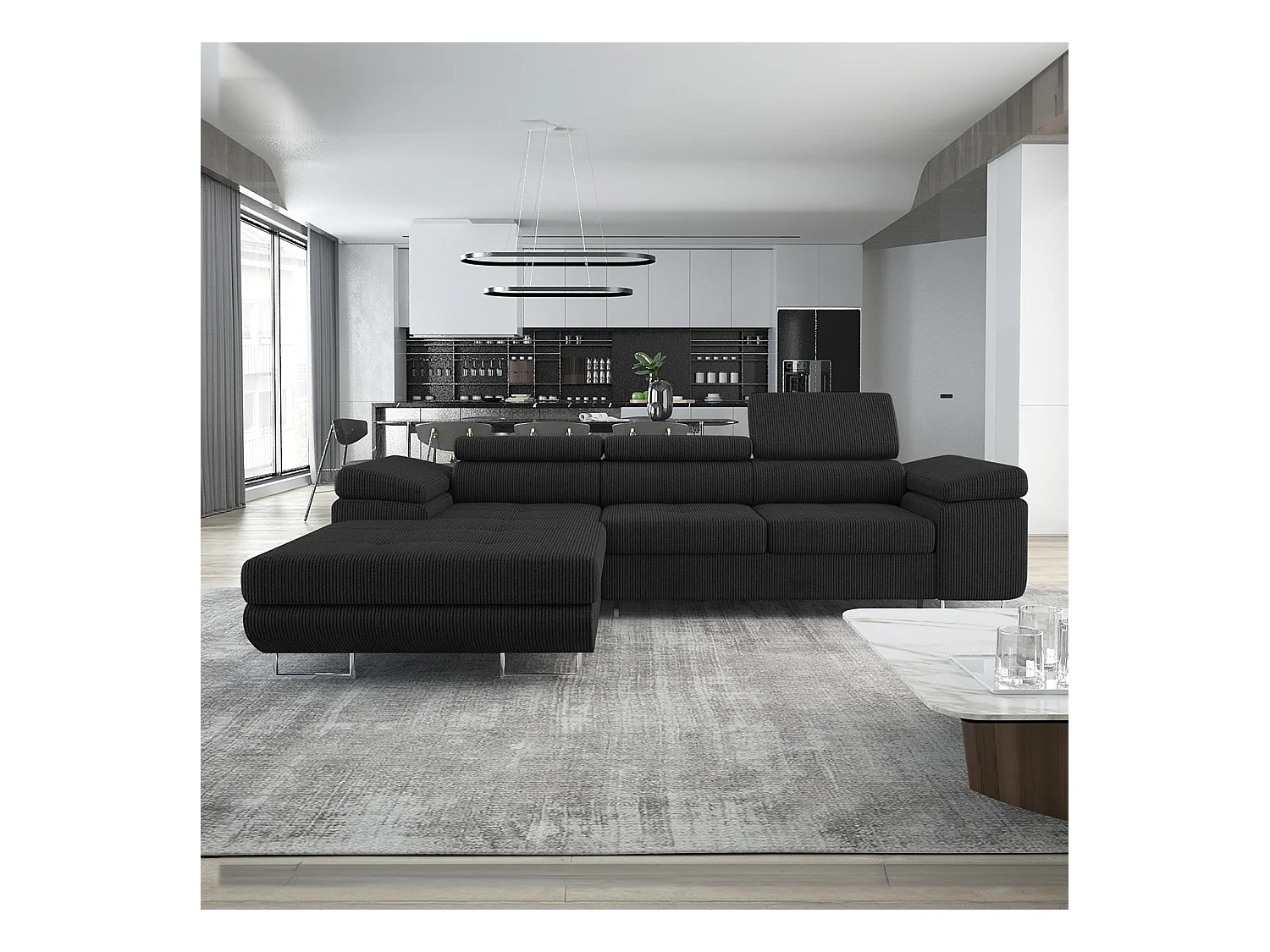 Canapé d'angle gauche convertible Alphonso velours côtelé Noir