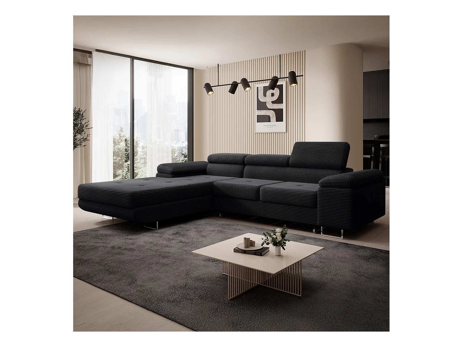 Canapé d'angle gauche convertible Alphonso velours côtelé Noir