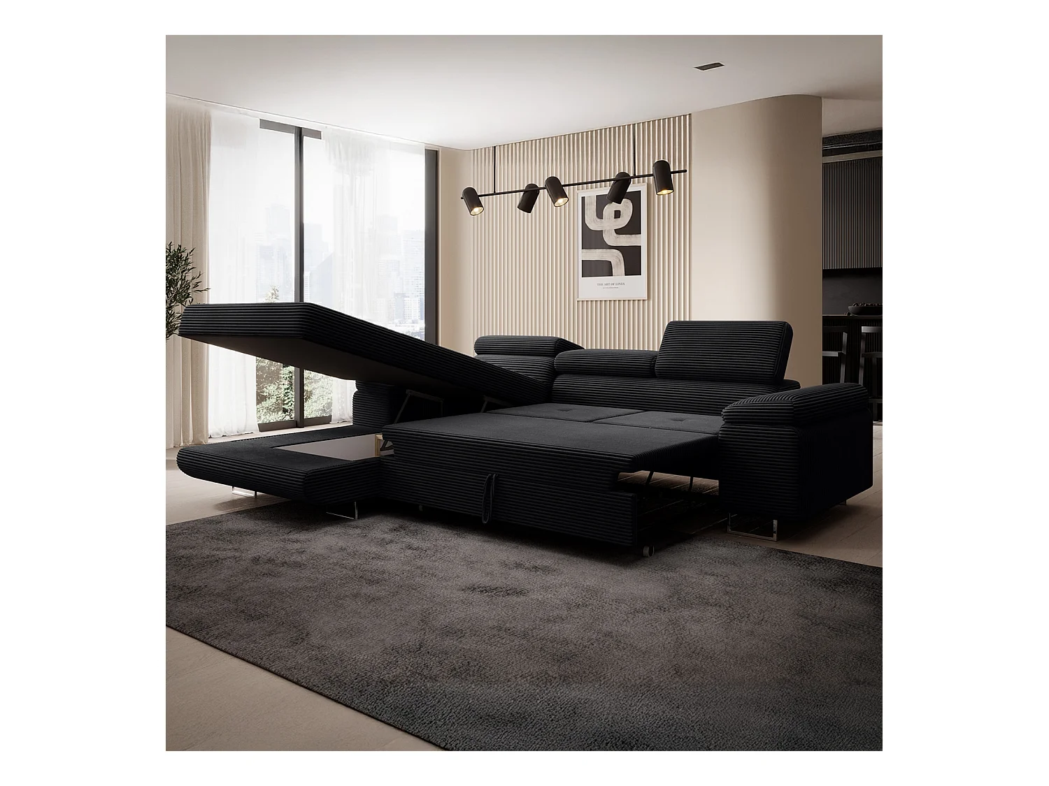 Canapé d'angle gauche convertible Alphonso velours côtelé Noir