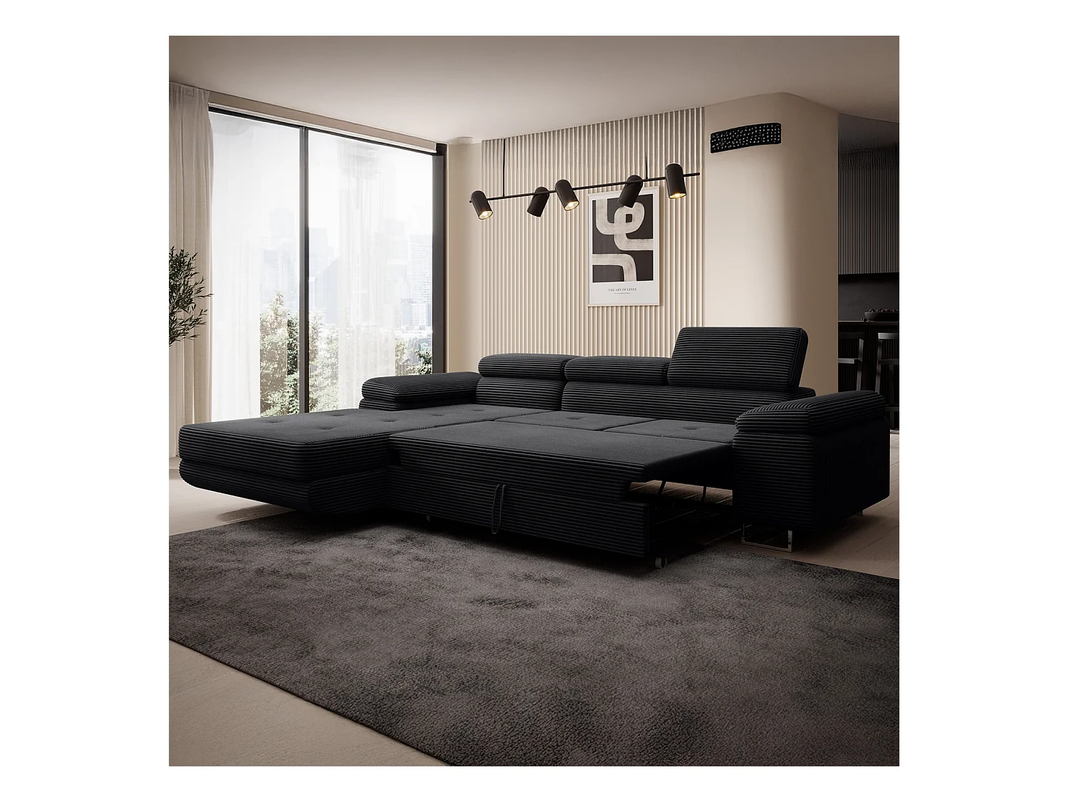 Canapé d'angle gauche convertible Alphonso velours côtelé Noir