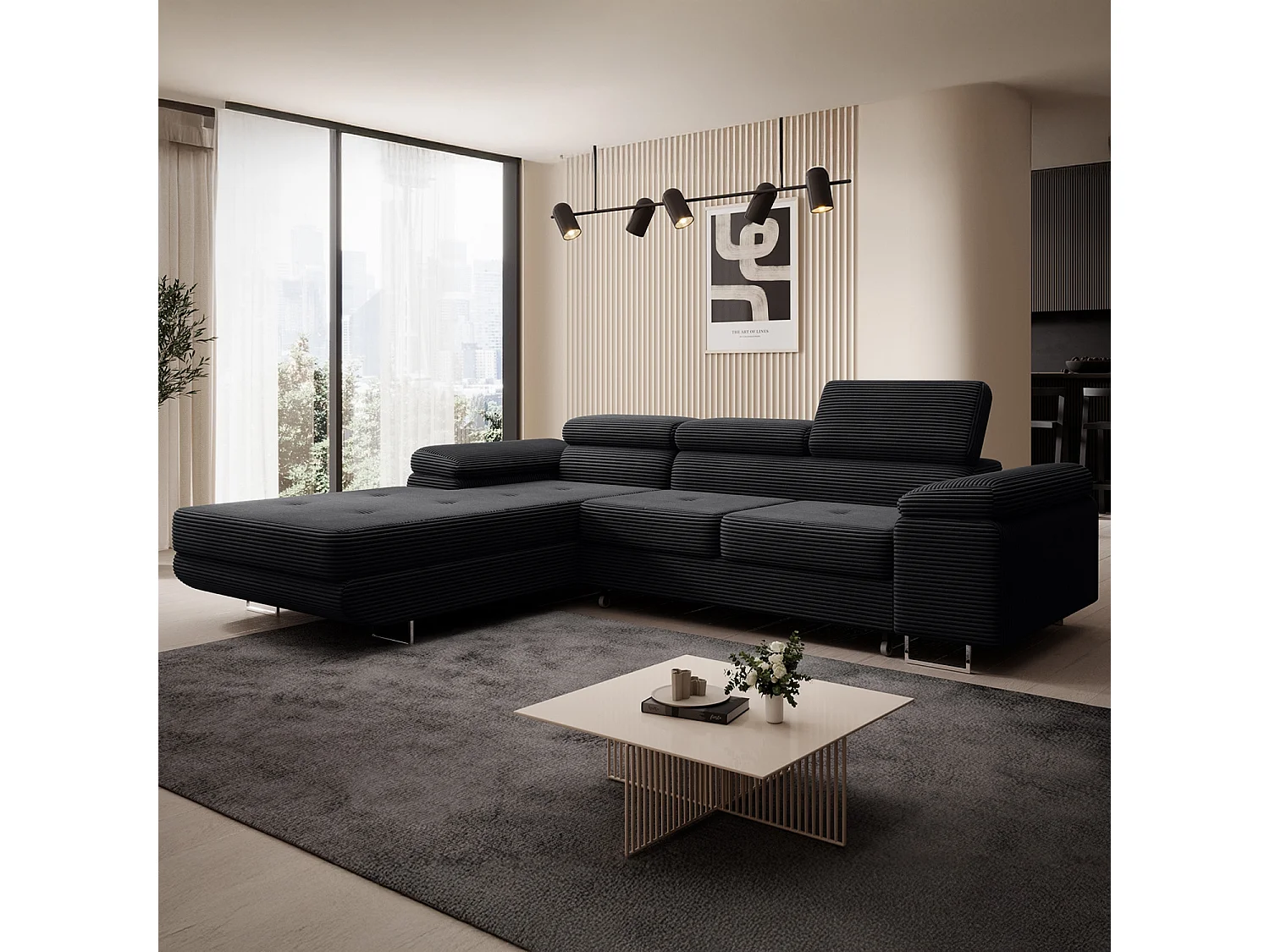 Canapé d'angle gauche convertible Alphonso velours côtelé Noir