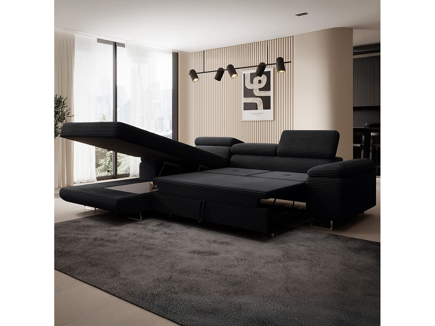 Canapé d'angle gauche convertible Alphonso velours côtelé Noir