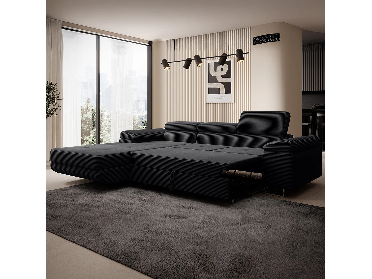 Canapé d'angle gauche convertible Alphonso velours côtelé Noir