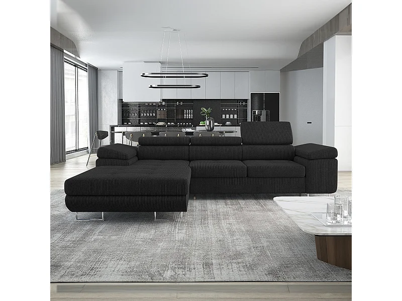 Canapé d'angle gauche convertible Alphonso velours côtelé Noir