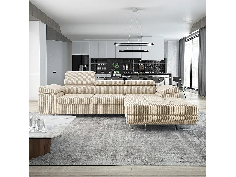 Canapé d'angle droit convertible Alphonso velours côtelé Beige