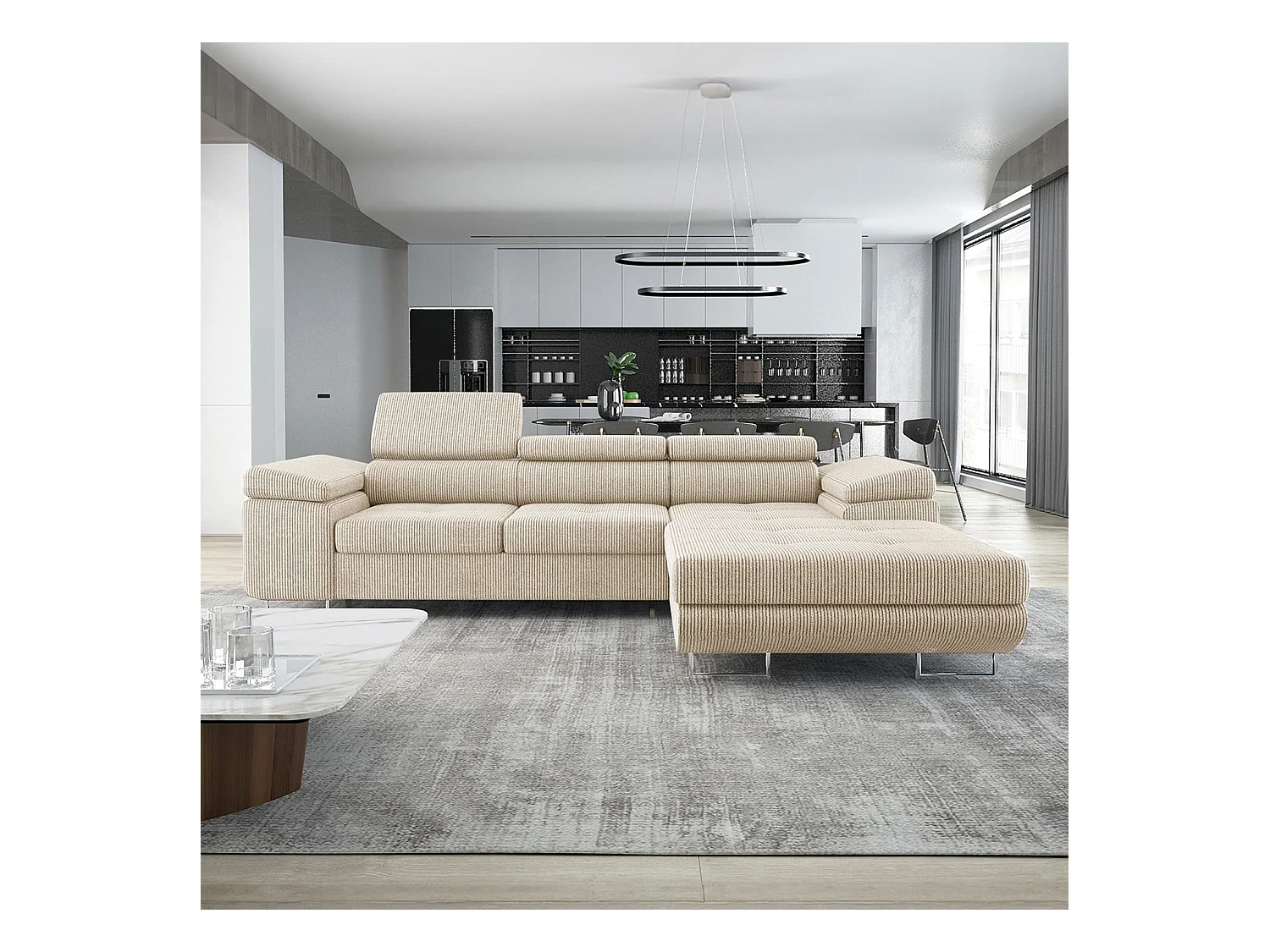 Canapé d'angle droit convertible Alphonso velours côtelé Beige