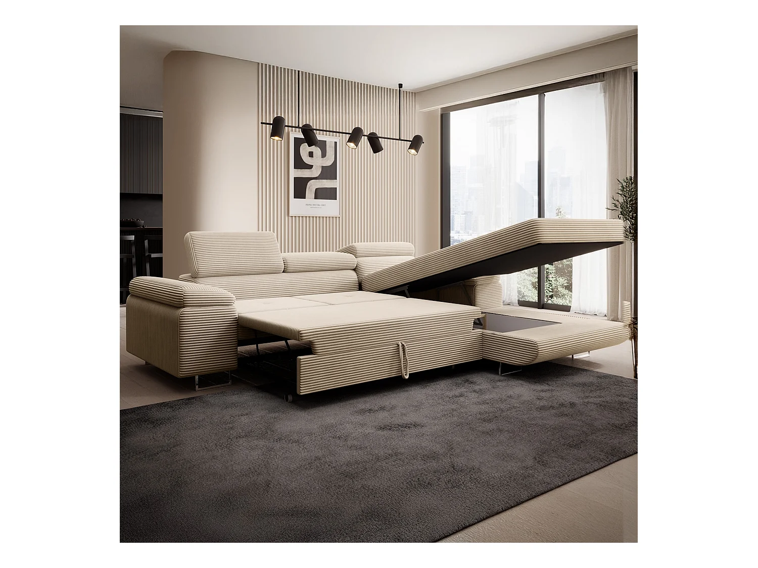 Canapé d'angle droit convertible Alphonso velours côtelé Beige