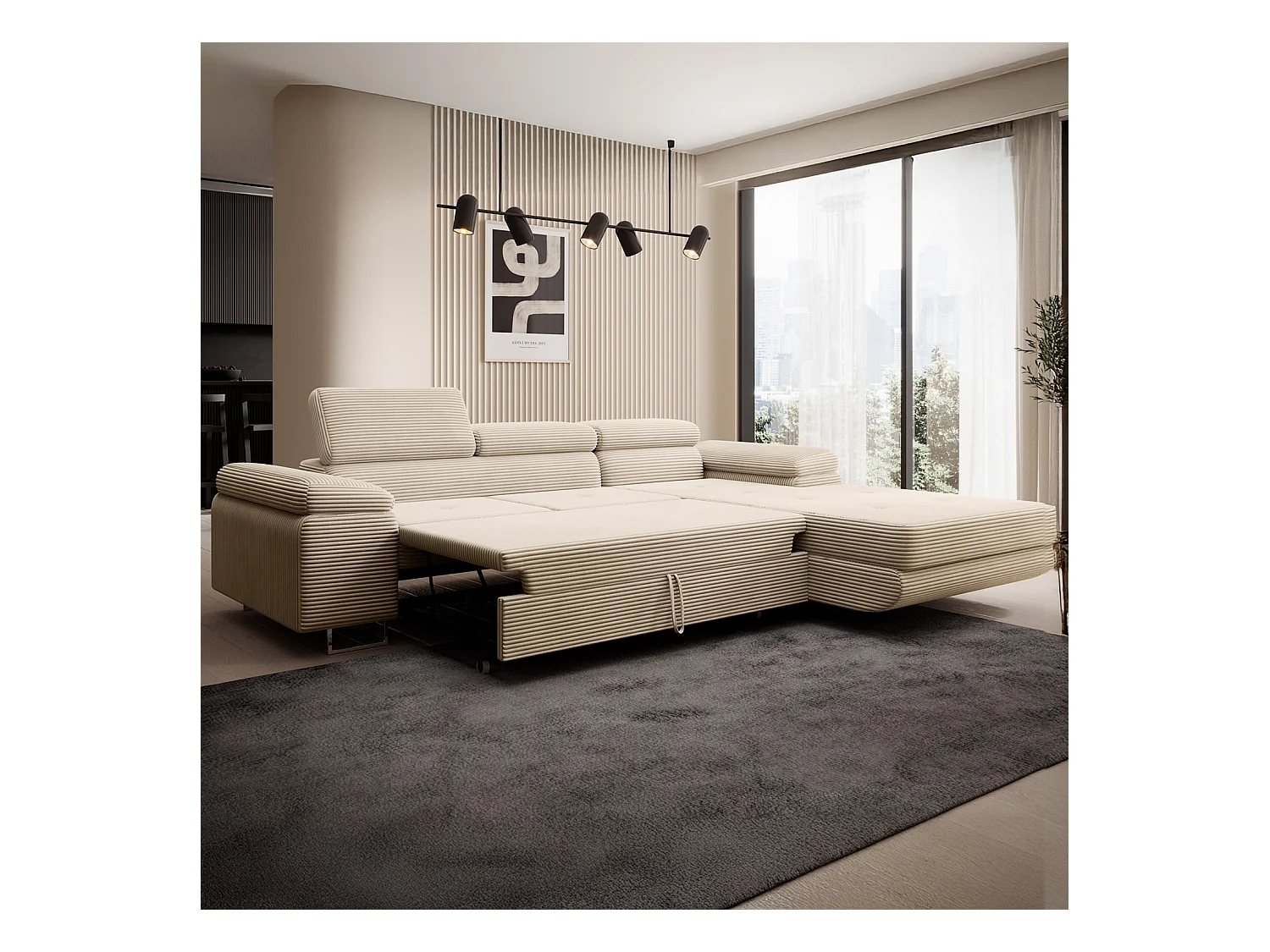 Canapé d'angle droit convertible Alphonso velours côtelé Beige