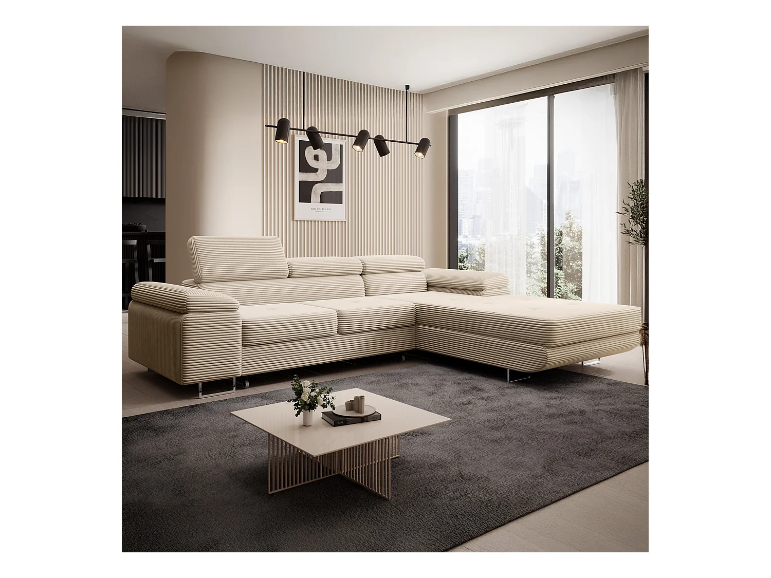 Canapé d'angle droit convertible Alphonso velours côtelé Beige