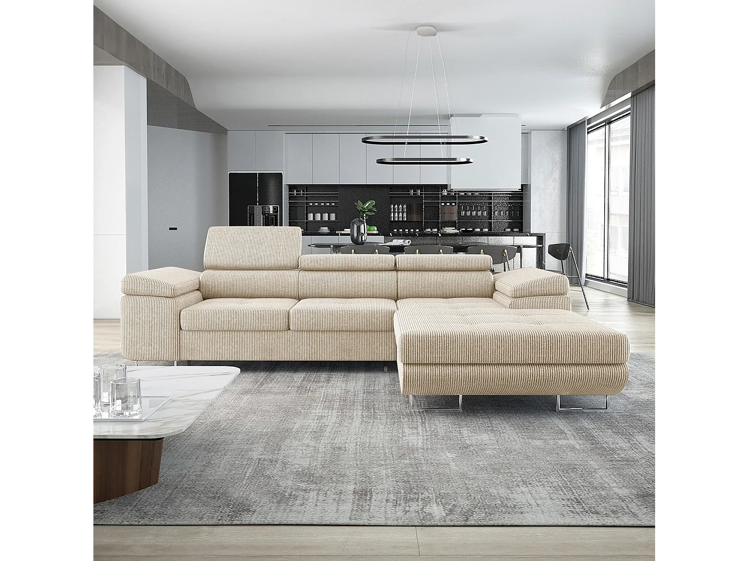 Canapé d'angle droit convertible Alphonso velours côtelé Beige