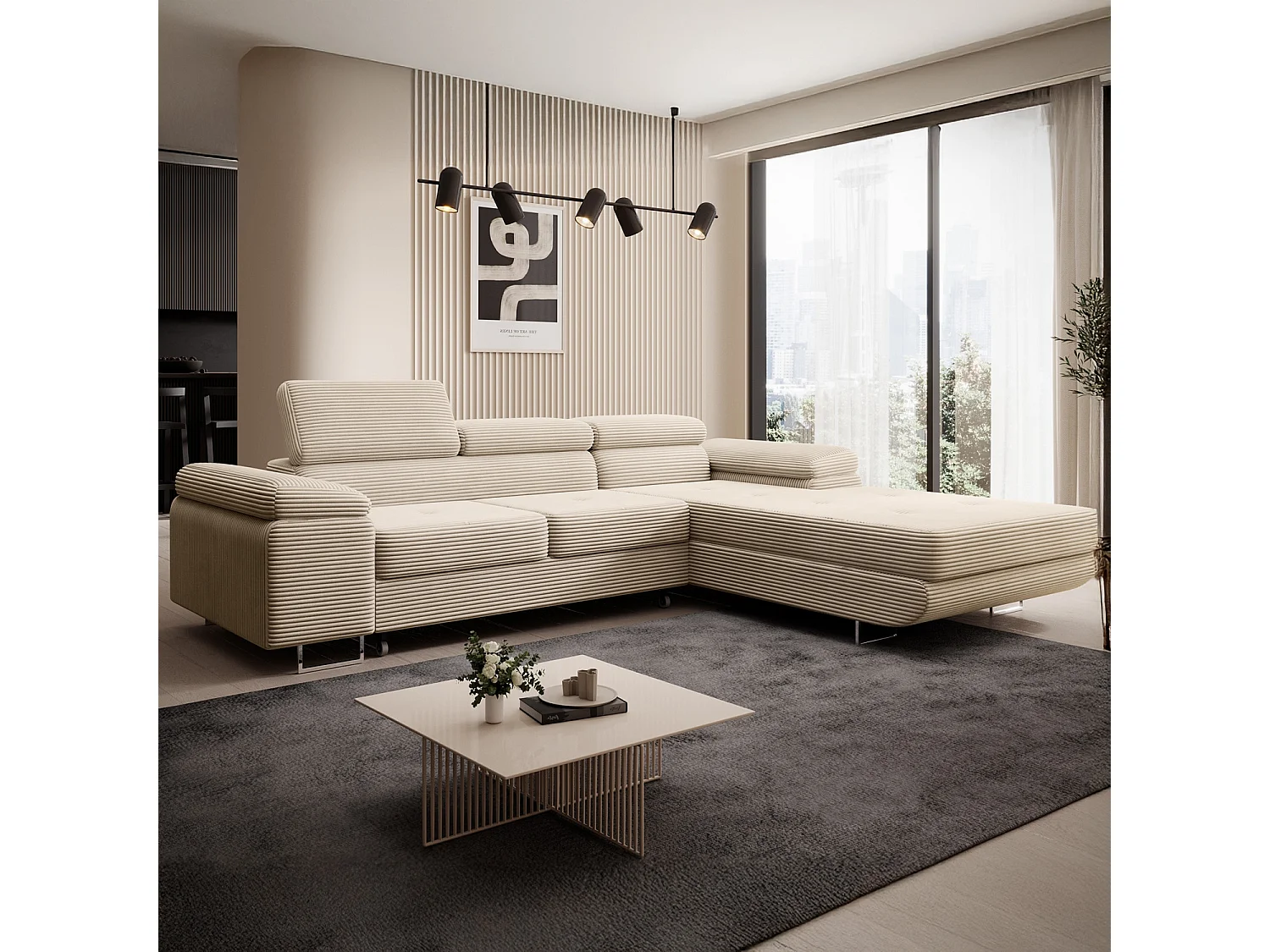 Canapé d'angle droit convertible Alphonso velours côtelé Beige