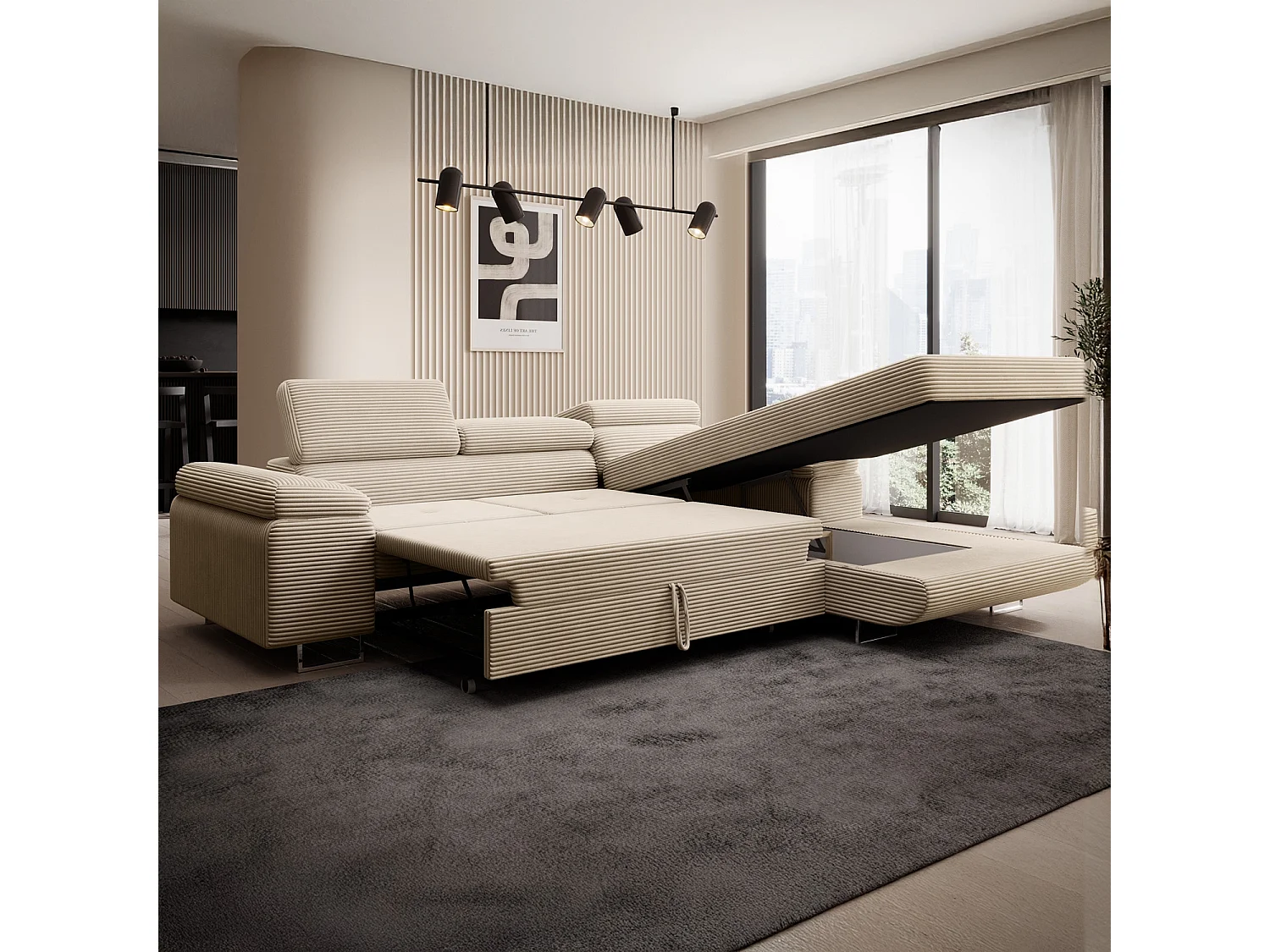 Canapé d'angle droit convertible Alphonso velours côtelé Beige