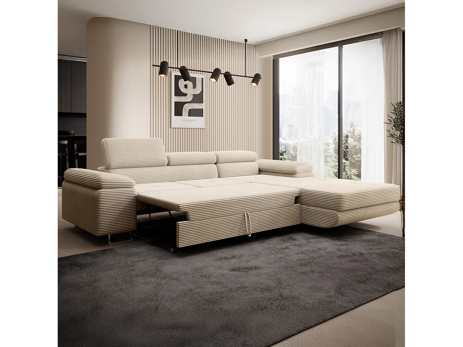 Canapé d'angle droit convertible Alphonso velours côtelé Beige