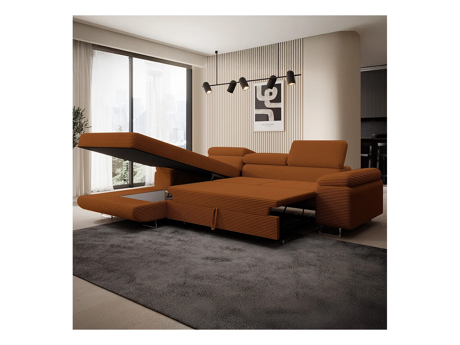 Canapé d'angle gauche convertible Alphonso velours côtelé Terracotta