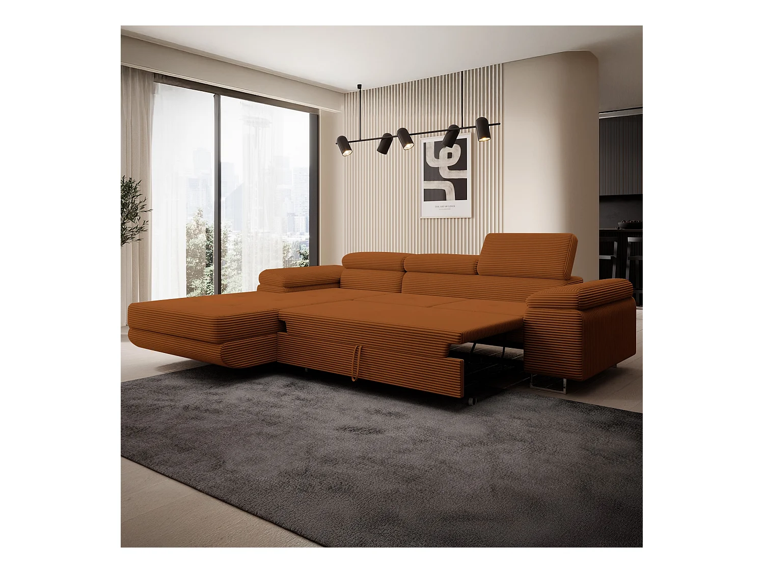 Canapé d'angle gauche convertible Alphonso velours côtelé Terracotta