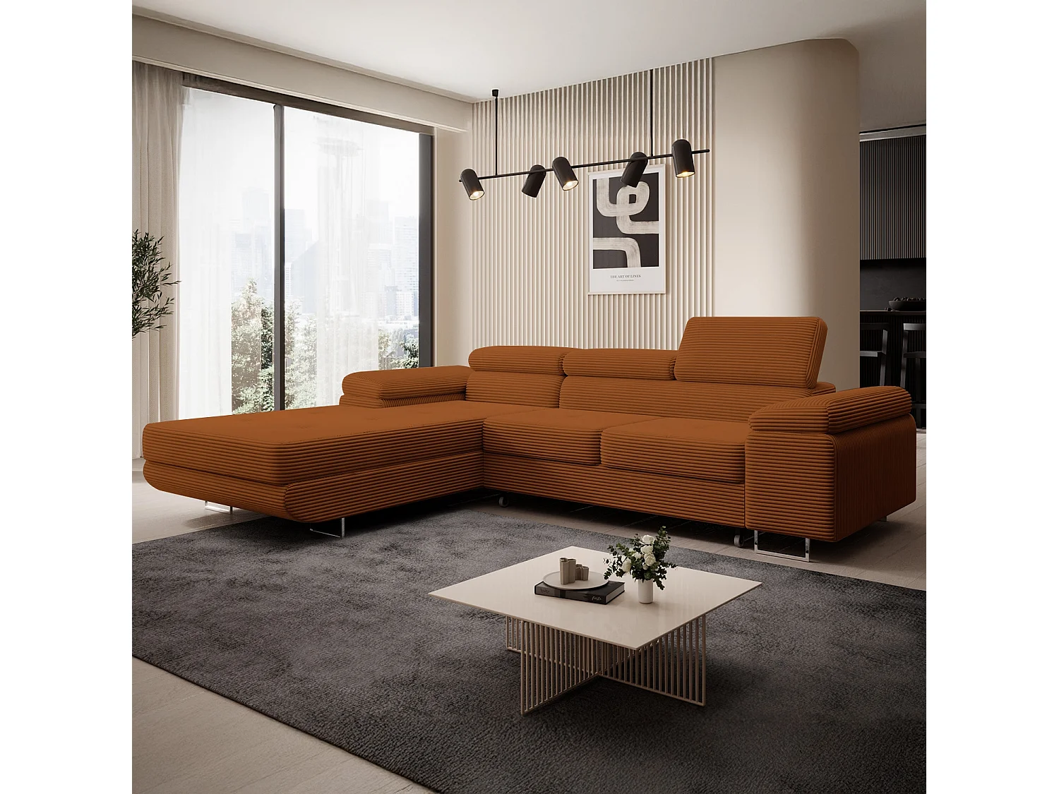 Canapé d'angle gauche convertible Alphonso velours côtelé Terracotta