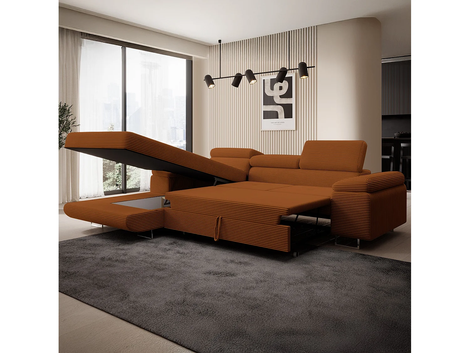 Canapé d'angle gauche convertible Alphonso velours côtelé Terracotta