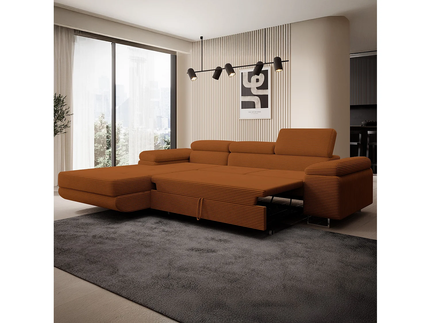 Canapé d'angle gauche convertible Alphonso velours côtelé Terracotta