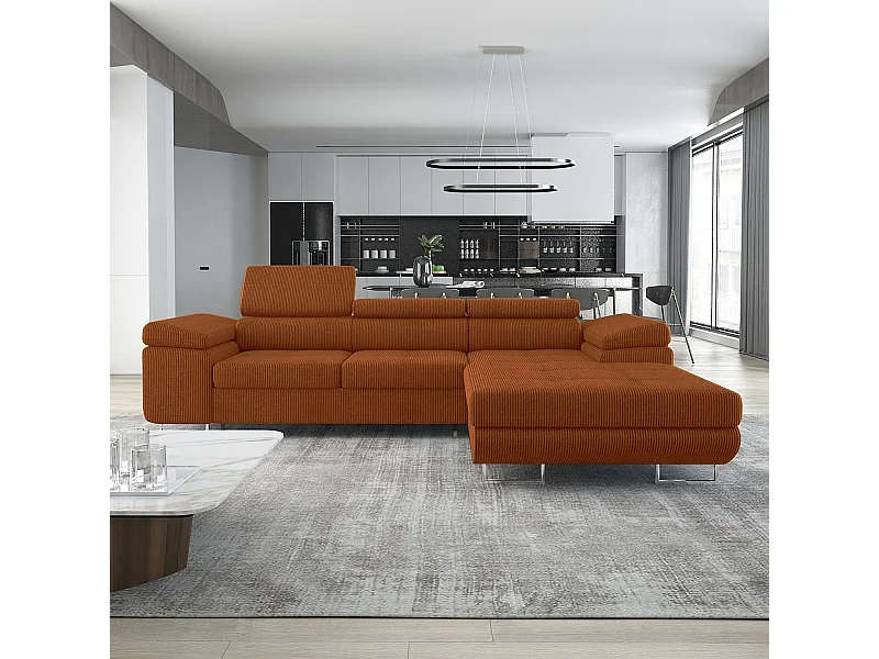 Canapé d'angle droit convertible Alphonso velours côtelé Terracotta