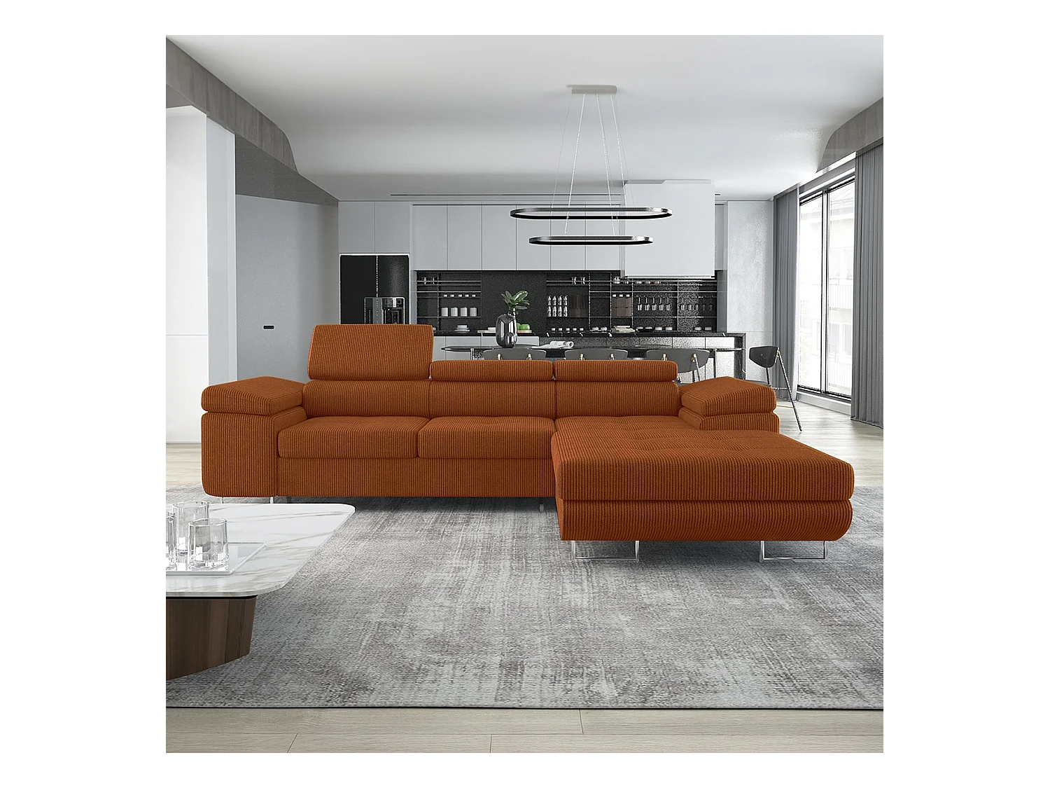 Canapé d'angle droit convertible Alphonso velours côtelé Terracotta