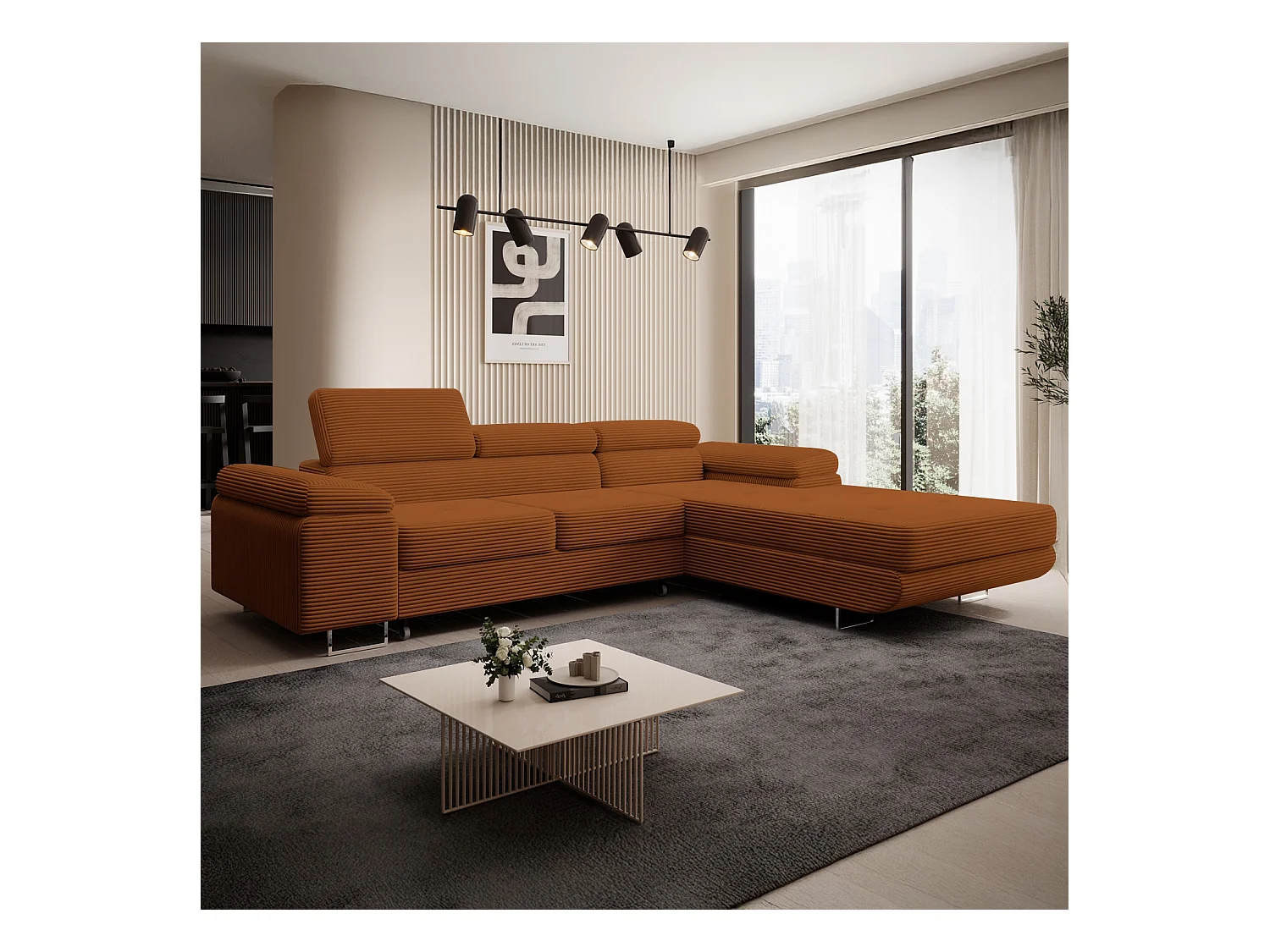 Canapé d'angle droit convertible Alphonso velours côtelé Terracotta