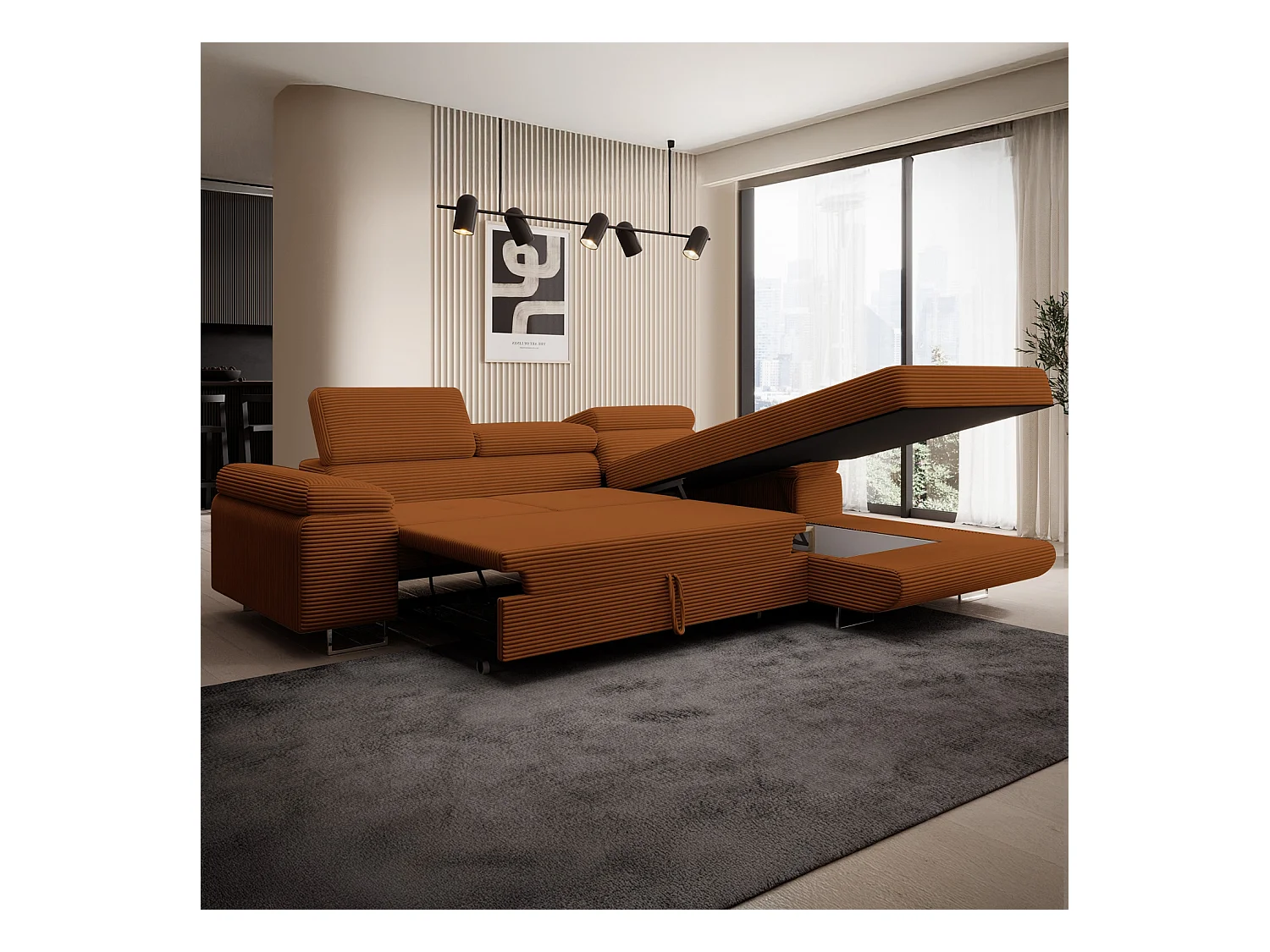 Canapé d'angle droit convertible Alphonso velours côtelé Terracotta