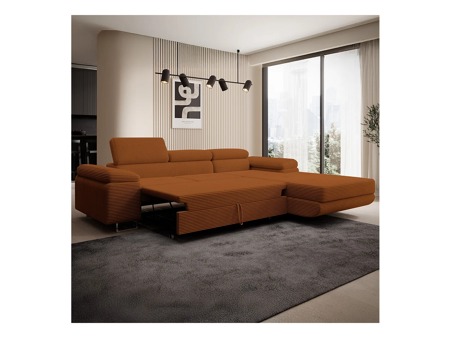 Canapé d'angle droit convertible Alphonso velours côtelé Terracotta