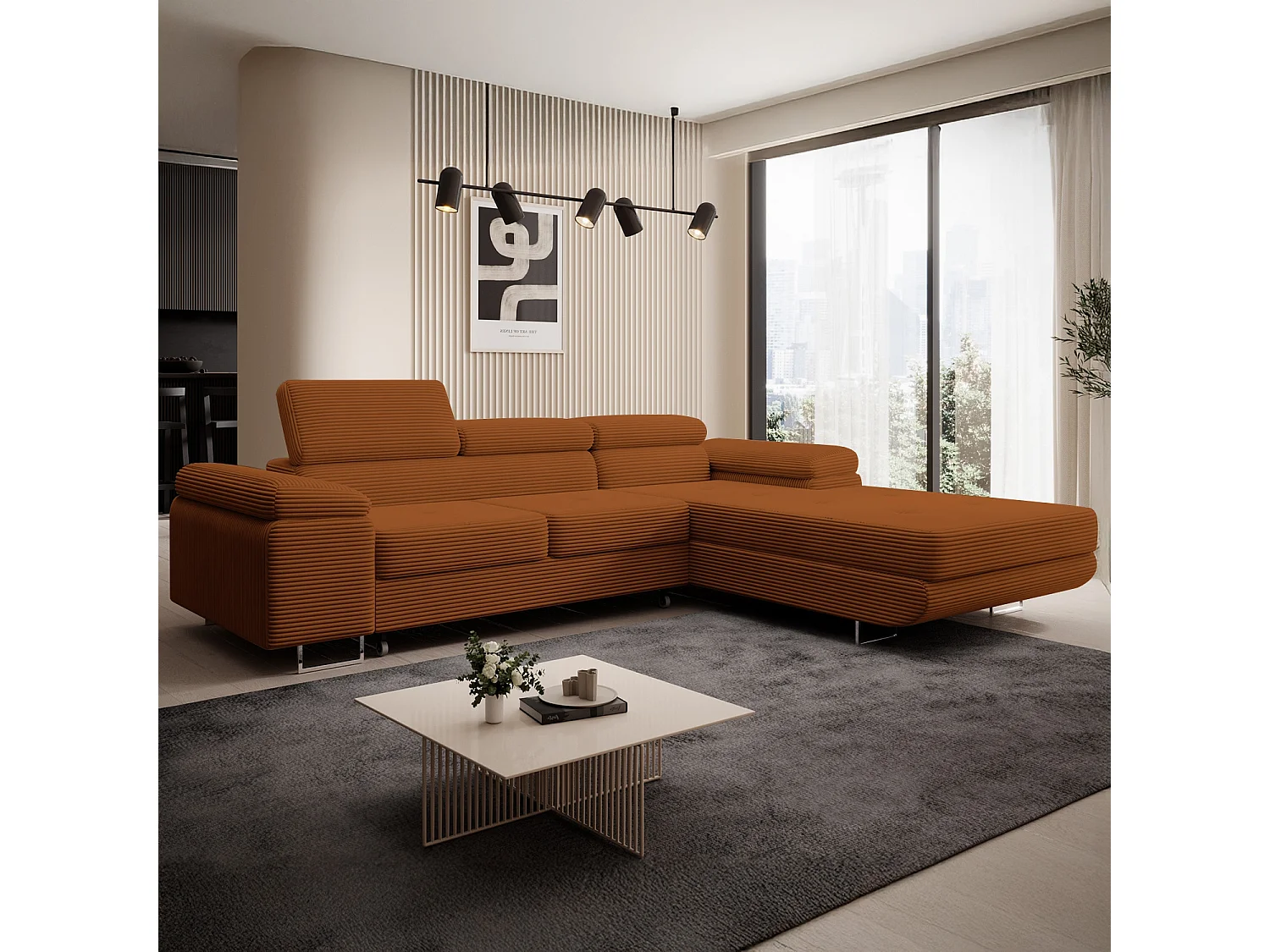 Canapé d'angle droit convertible Alphonso velours côtelé Terracotta