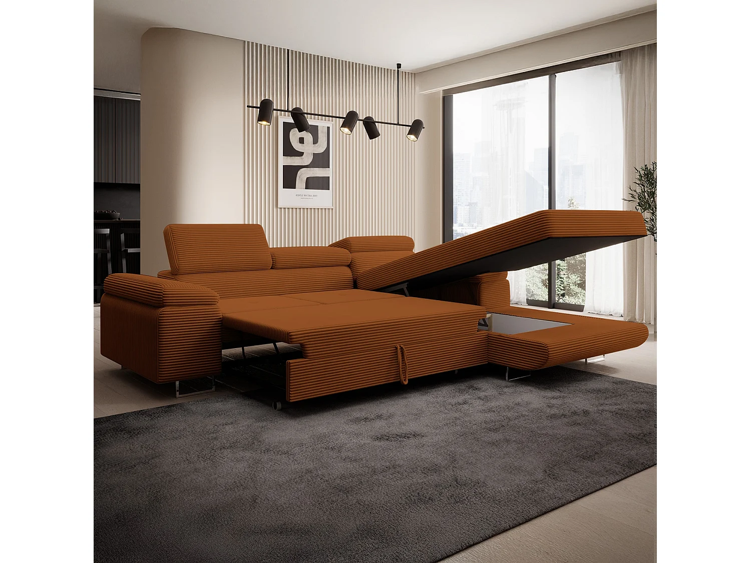 Canapé d'angle droit convertible Alphonso velours côtelé Terracotta